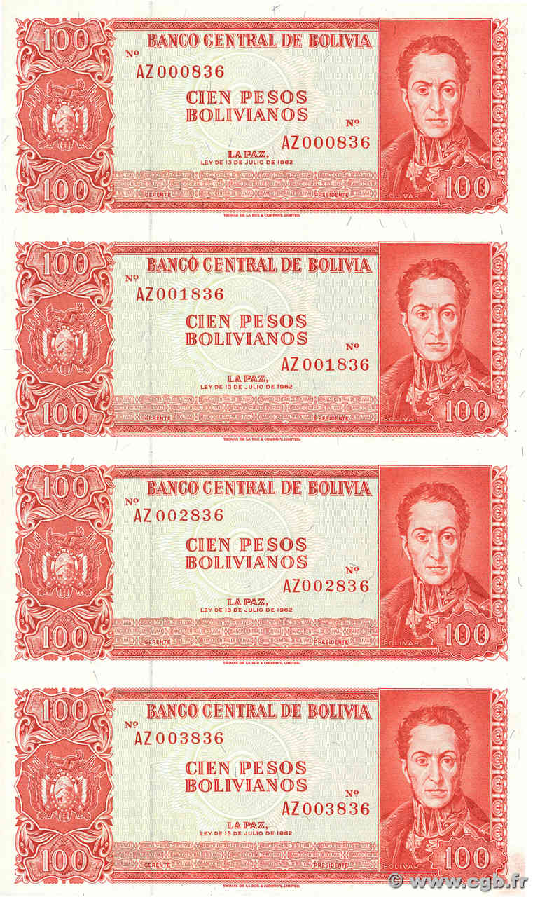 100 Pesos Bolivianos Planche BOLIVIA  1962 P.163r SC+