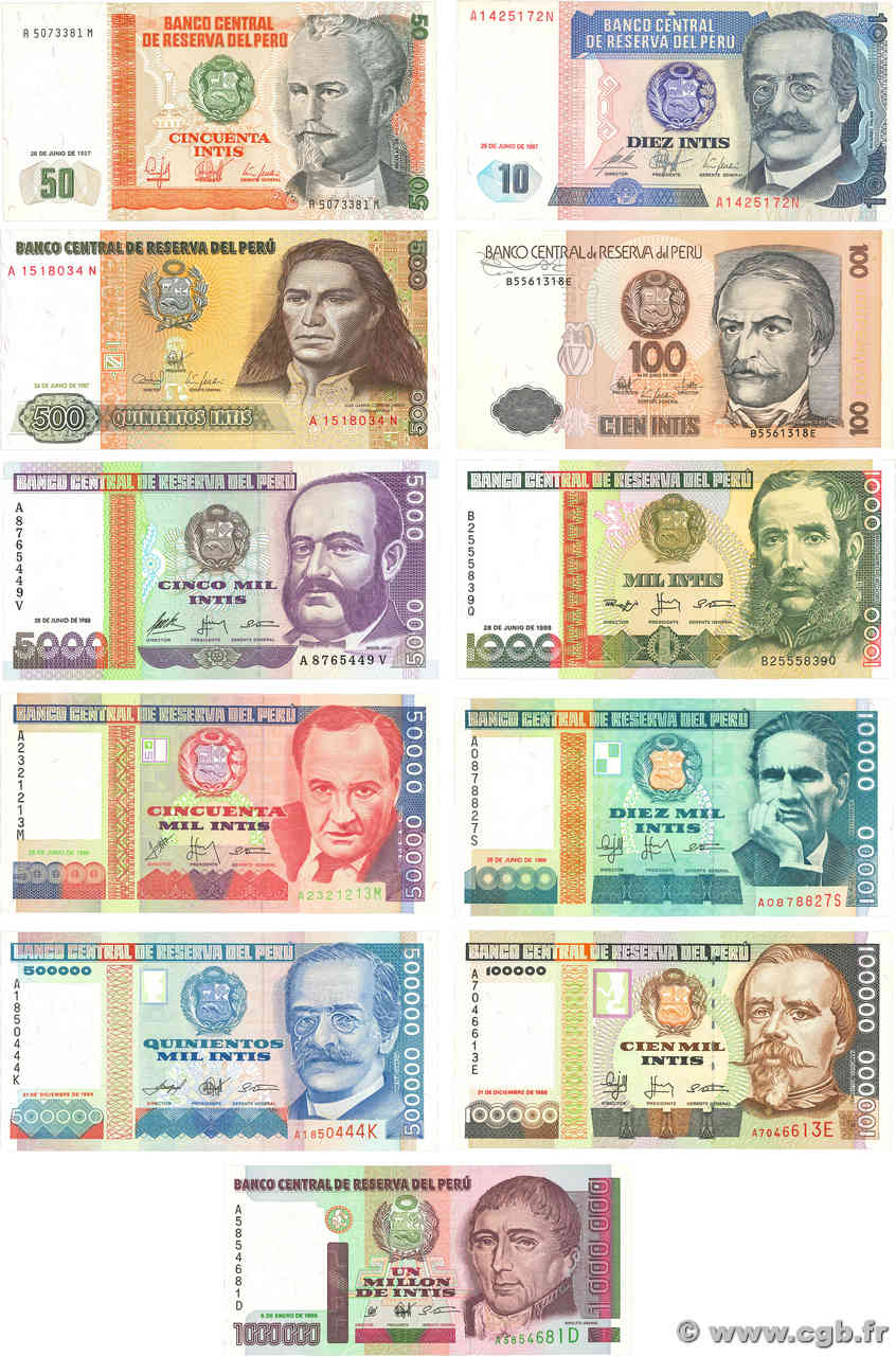 10 au 1000000 Intis Lot PÉROU  1987 P.129 au P.148 pr.NEUF