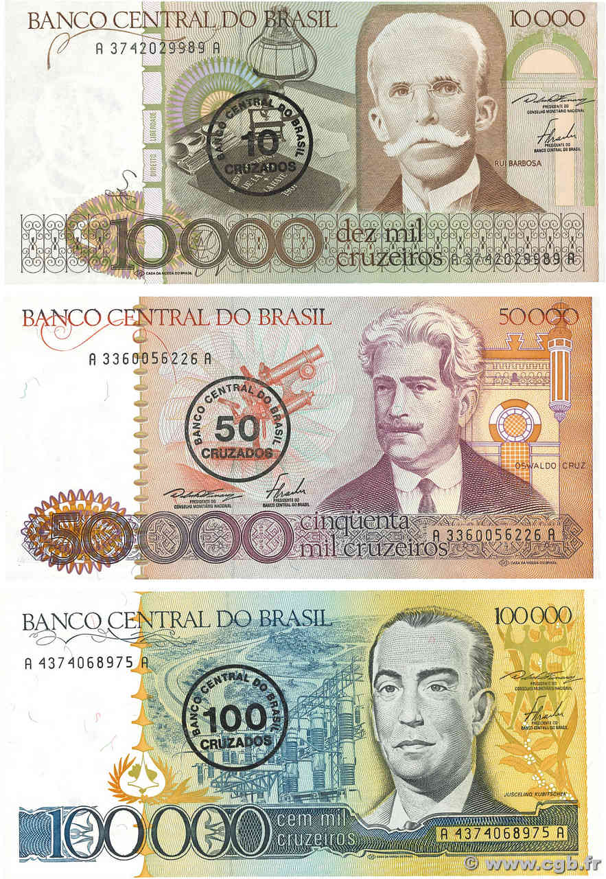 10 Cruzados sur 10000 Cruzeiros, 50 Cruzados sur 50000 Cruzeiros, 100 Cruzados sur 100000 Cruzeiros Lot BRASILIEN  1986 P.206, P.207 et P.208 ST
