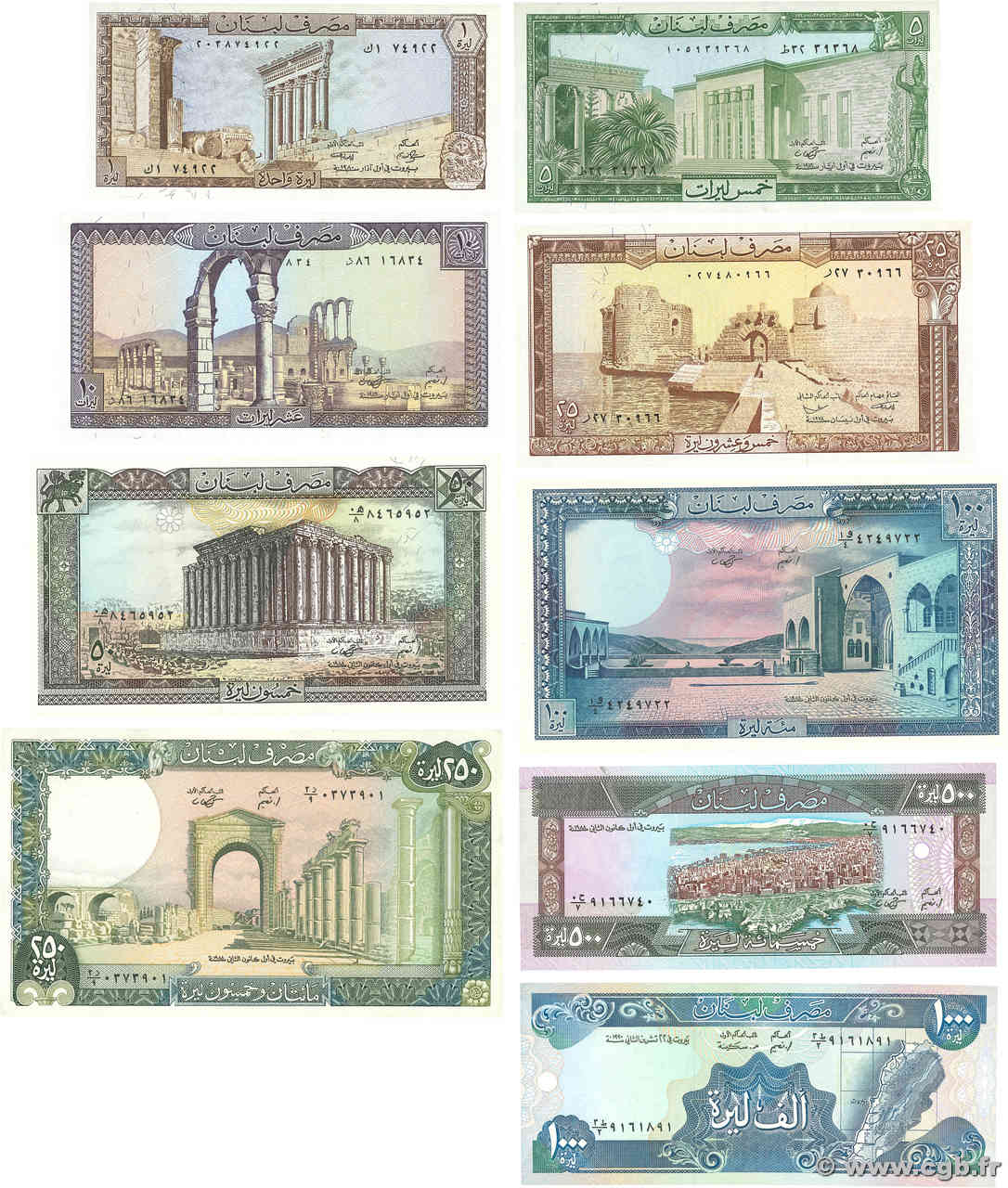 1 et 1000 Livres Lot LIBAN  1980 P.061c, P.062d, P.063d,  P.064b, P.065d, P.066d, P.067e, P.068 et P.069b pr.NEUF