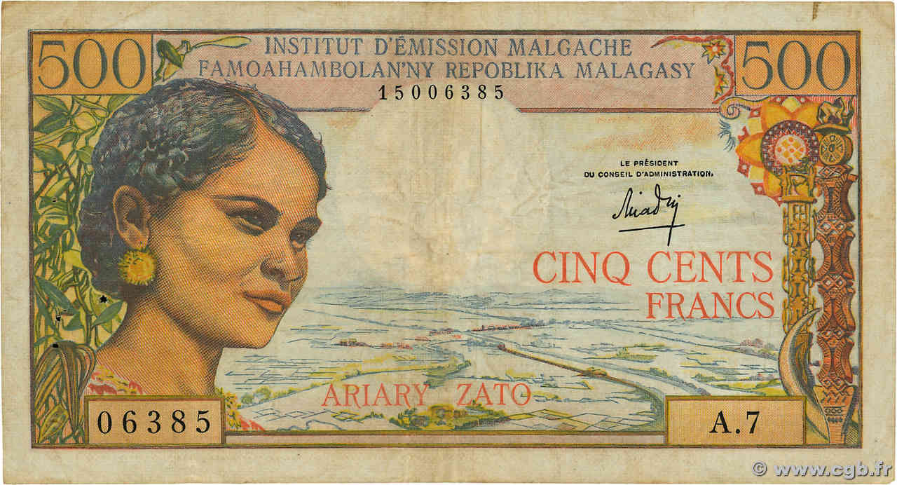 500 Francs - 100 Ariary MADAGASCAR  1964 P.058a TB