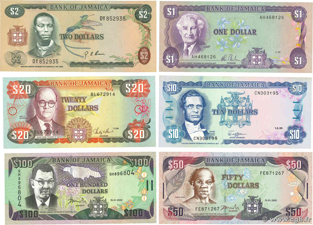 1 à 100 Dollars Lot JAMAÏQUE  1982 P.65b, P.68a, P.71c, P.72b, P.79c et P.80b TTB