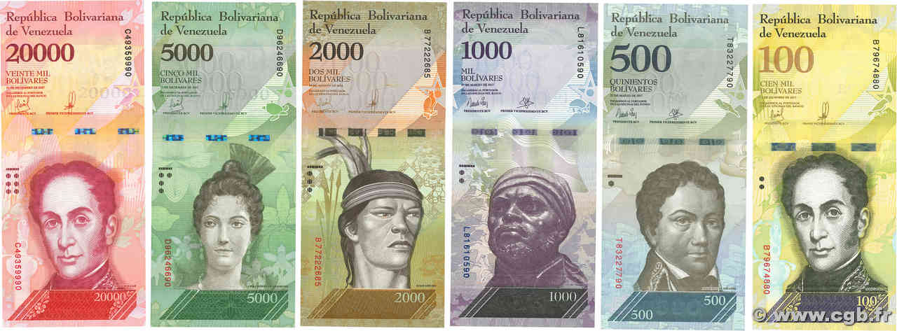 500 à  100000 Bolivares Lot VENEZUELA  2016 P.094b, P.095b, P.096a, P.097b, P.099c et  P.100b NEUF