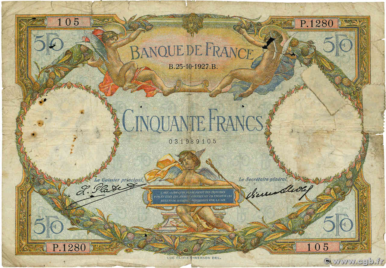 50 Francs LUC OLIVIER MERSON FRANCE  1927 F.15.01 B