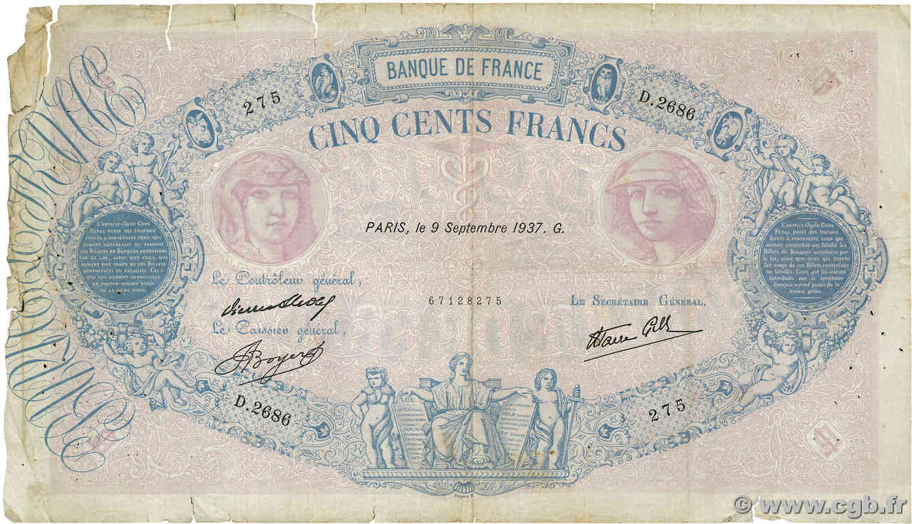 500 Francs BLEU ET ROSE modifié FRANCE  1937 F.31.05 B