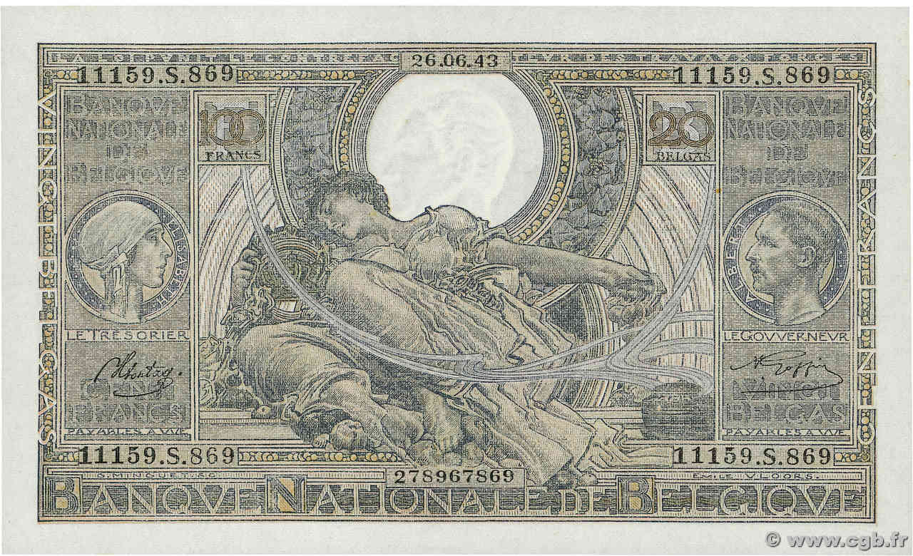 100 Francs - 20 Belgas BELGIEN  1943 P.107 fST+