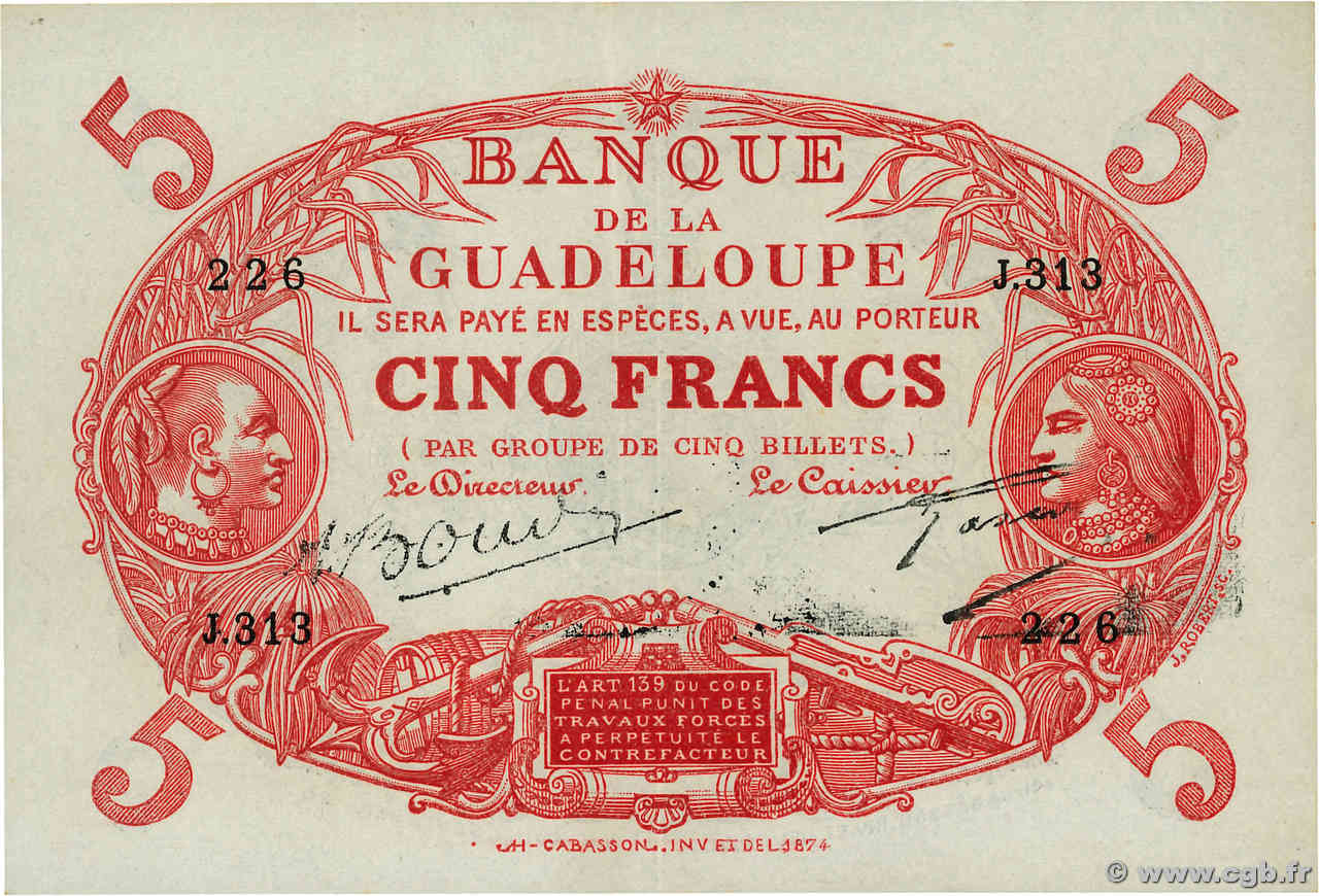 5 Francs Cabasson rouge GUADELOUPE  1943 P.07e EBC