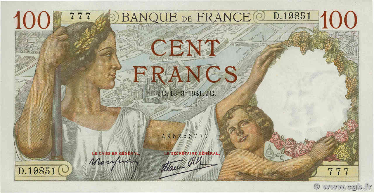 100 Francs SULLY Numéro spécial FRANCIA  1941 F.26.48 FDC
