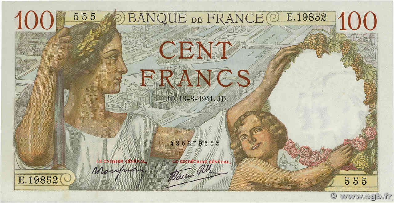 100 Francs SULLY Numéro spécial FRANCE  1941 F.26.48 UNC-