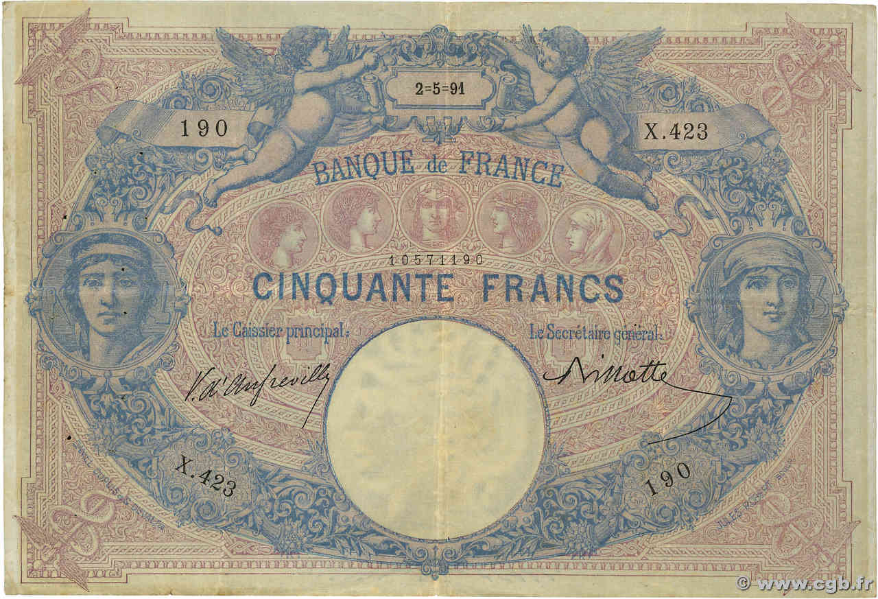 50 Francs BLEU ET ROSE FRANCE  1891 F.14.03 TB+