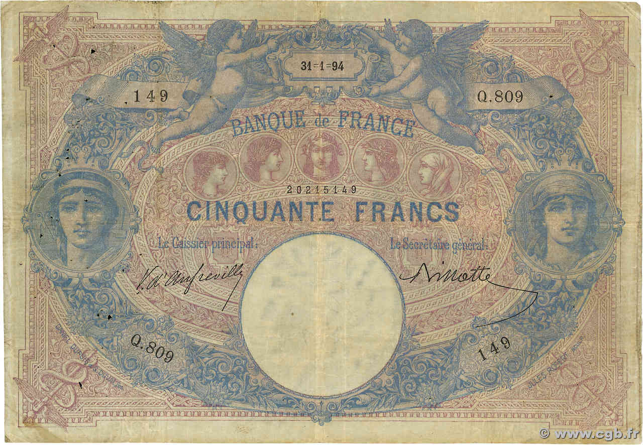 50 Francs BLEU ET ROSE FRANCIA  1894 F.14.06 MB