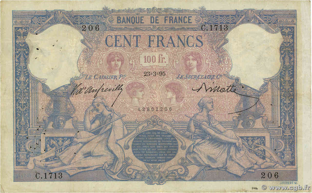 100 Francs BLEU ET ROSE FRANCE  1895 F.21.08 F