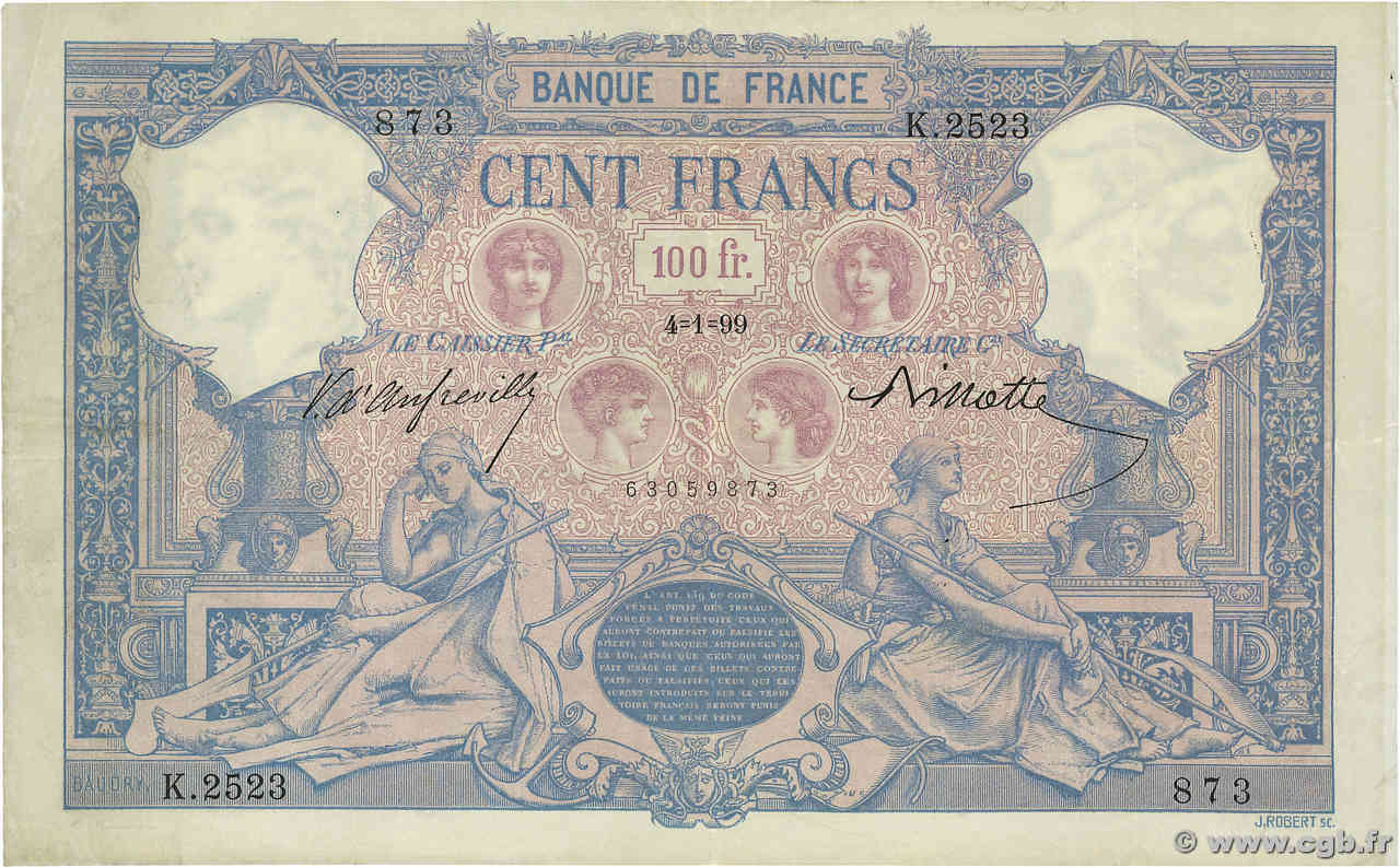 100 Francs BLEU ET ROSE FRANCIA  1899 F.21.12 MBC+
