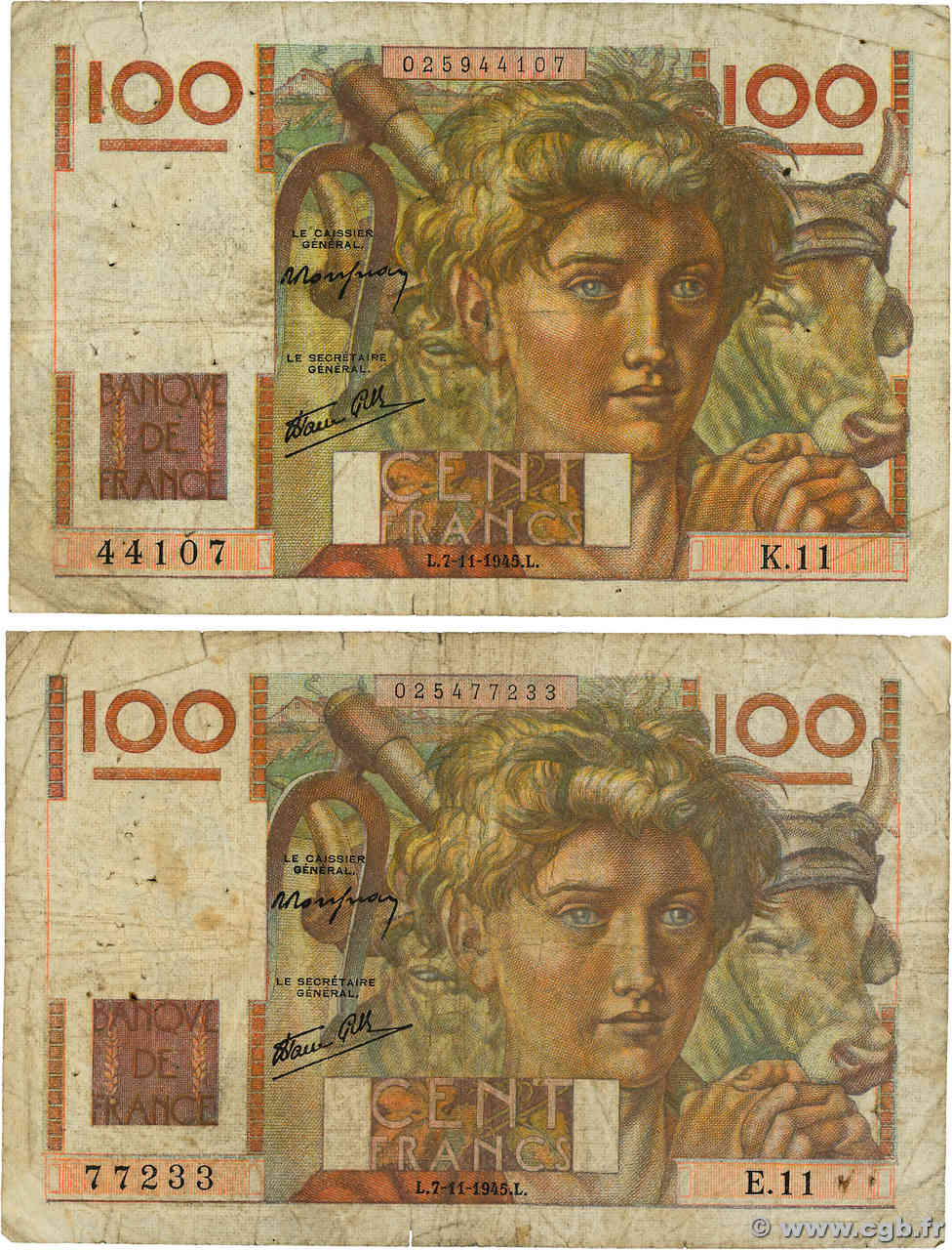 100 Francs JEUNE PAYSAN Lot FRANCE  1945 F.28.01 B