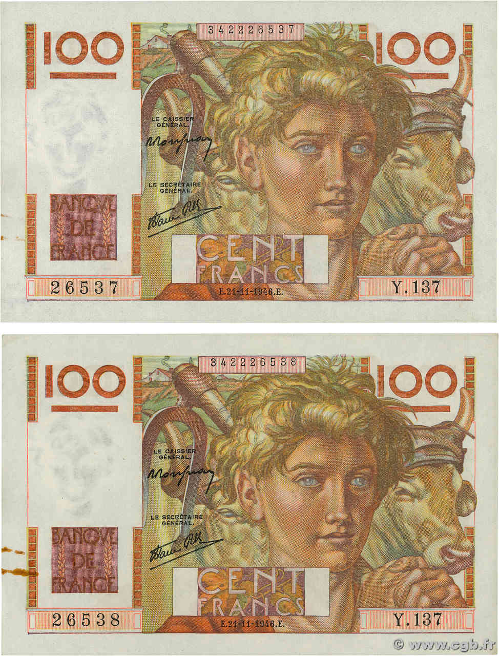 100 Francs JEUNE PAYSAN Lot FRANCE  1946 F.28.11 SPL