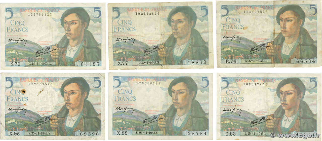 5 Francs BERGER Lot FRANCE  1943 F.05.04 TB