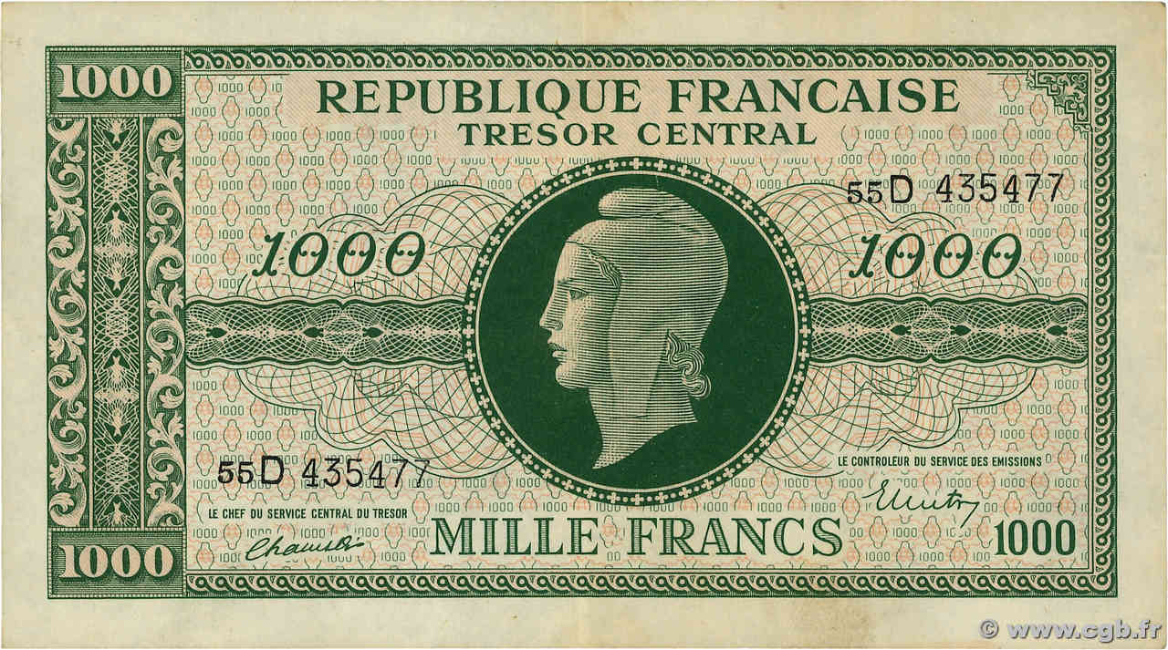 1000 Francs MARIANNE THOMAS DE LA RUE FRANCE  1945 VF.13.01 pr.SUP