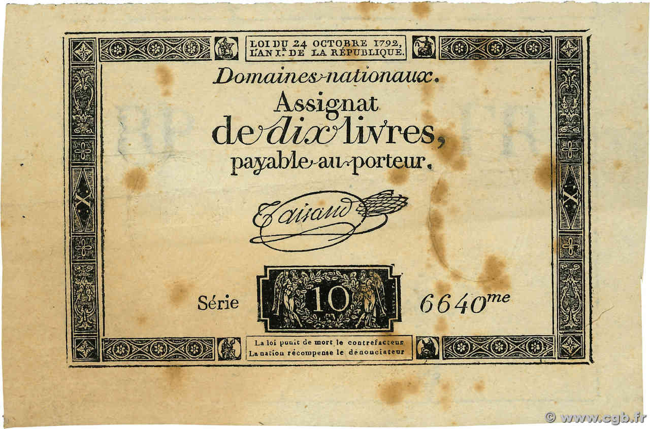 10 Livres filigrane républicain  FRANCIA  1792 Ass.36b MBC+