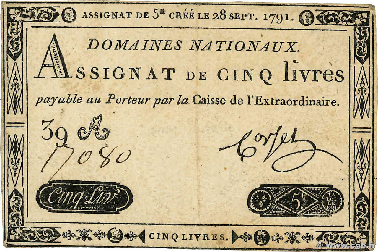 5 Livres FRANCE  1791 Ass.19a TTB+