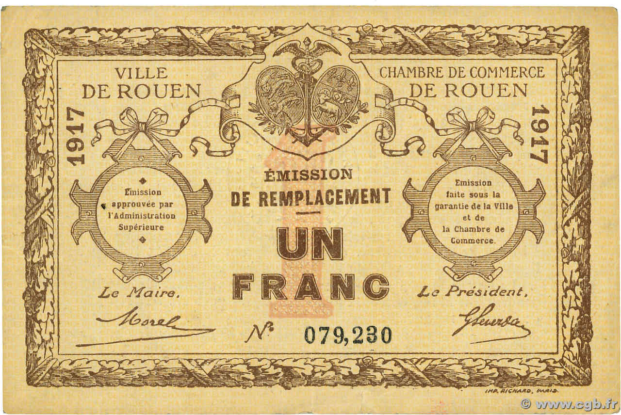 1 Franc FRANCE régionalisme et divers Rouen 1917 JP.110.30 TTB+