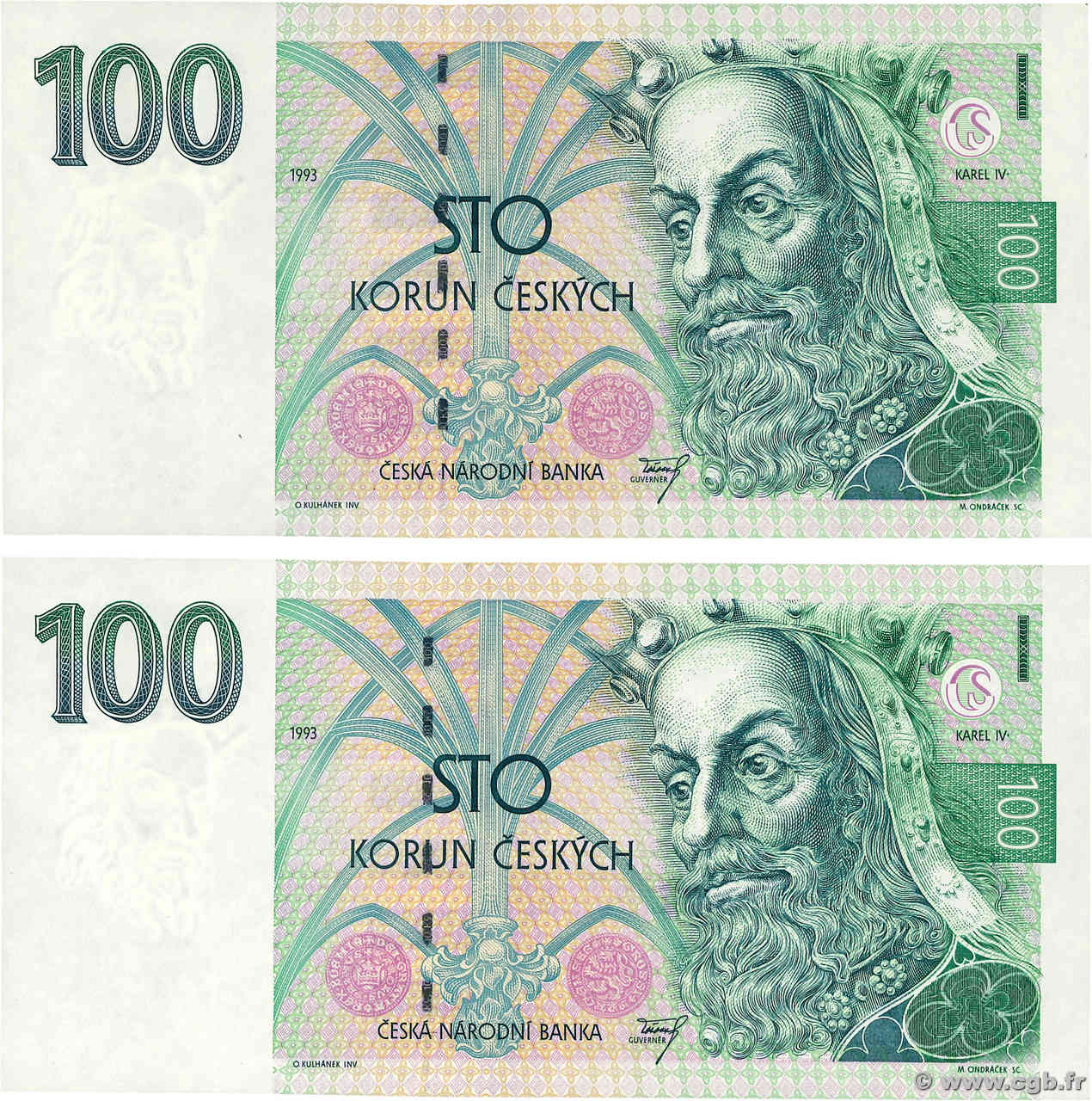 100 Korun Consécutifs RÉPUBLIQUE TCHÈQUE  1993 P.05a SPL