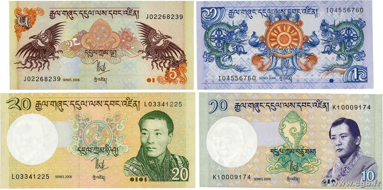 1 à 20 Ngultrum Lot BHOUTAN  2006 P.27a, P.28a, P.29a et P.30a NEUF