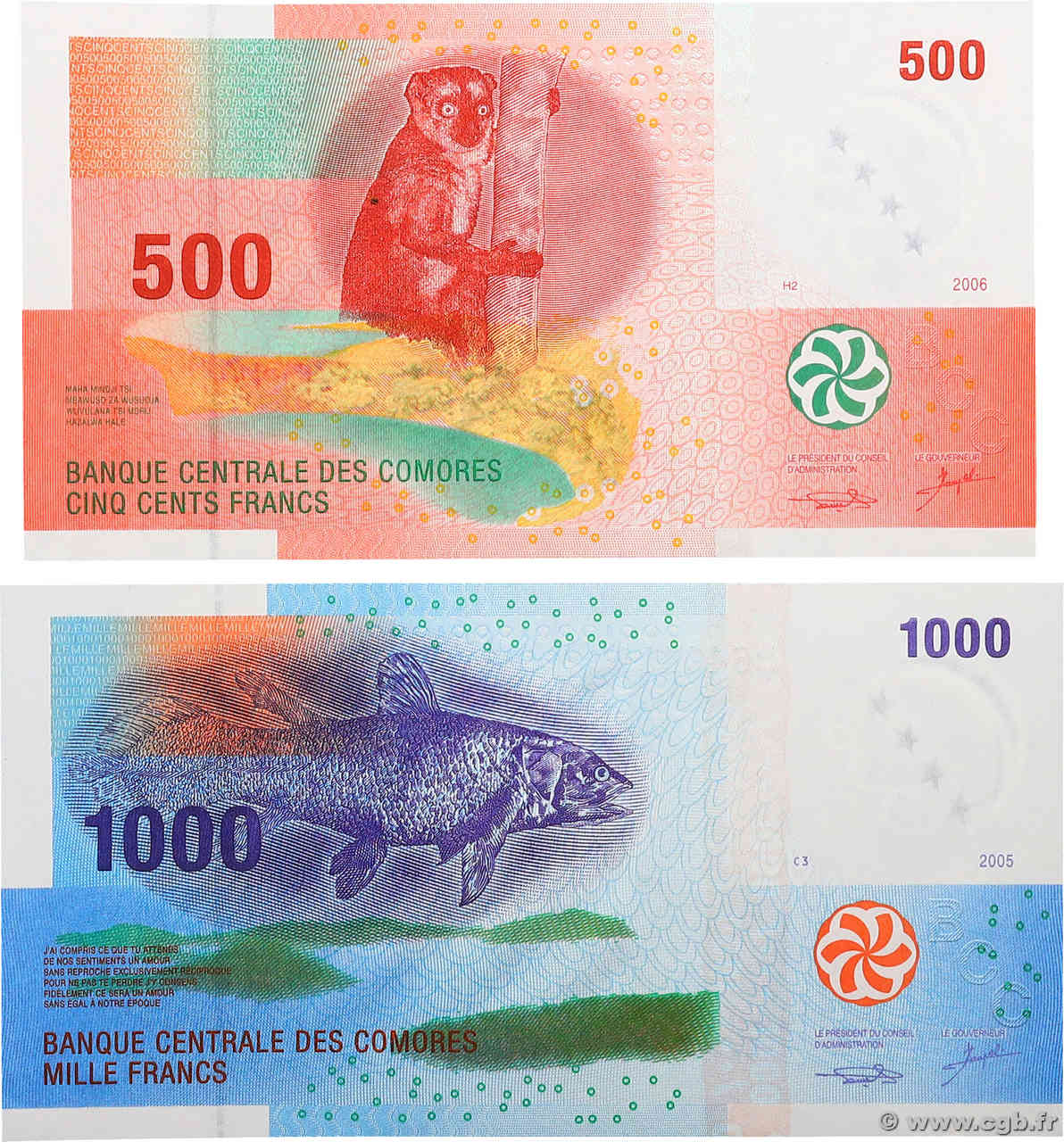 500 et 1000 Francs Lot COMORES  2005 P.15a et P.16a NEUF