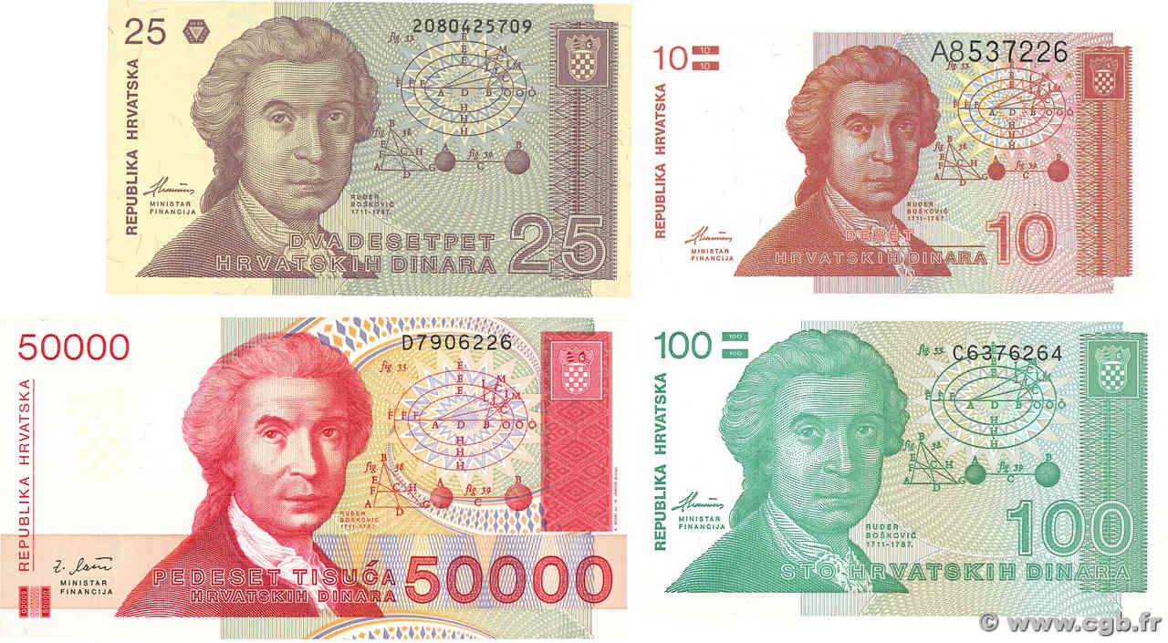 10, 25, 100 et 50000 Dinara Lot CROACIA  1991 P.18, P.19, P.20 et P.26 FDC