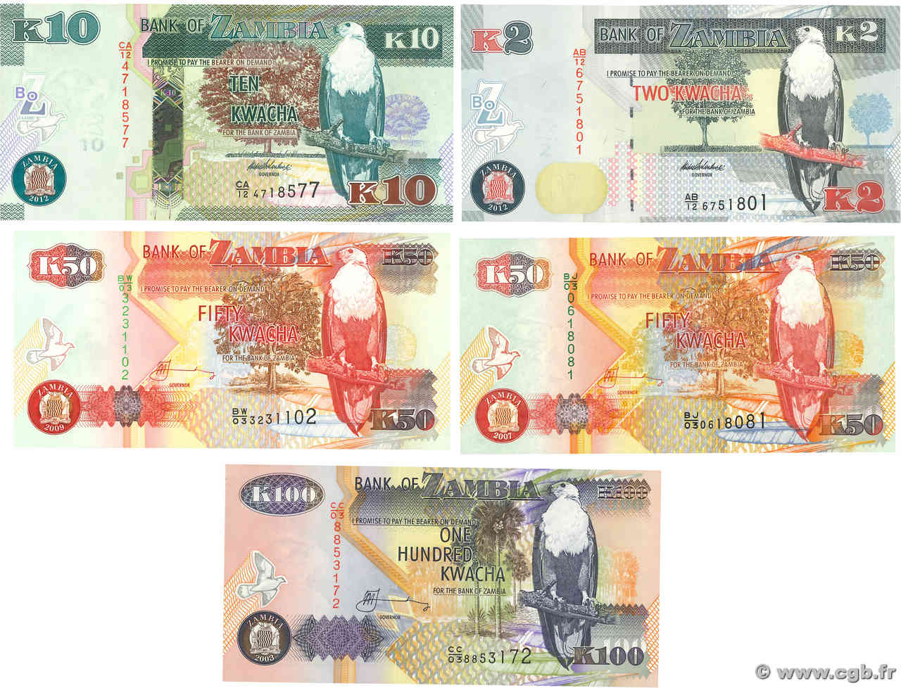 20 à 100 Kwacha Lot ZAMBIE  2001 P.37c, P.37h, P.38d, P.49a et P.51a  NEUF