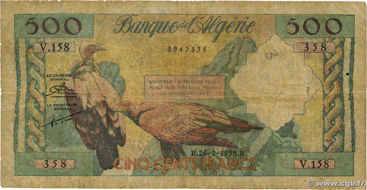 500 Francs ALGÉRIE  1958 P.117 pr.B