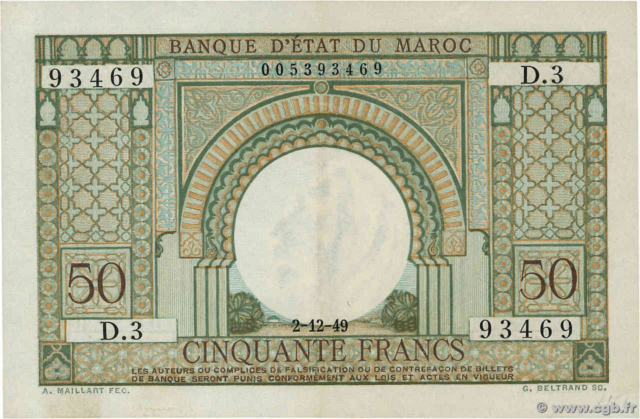 50 Francs MAROC  1949 P.44 TTB+