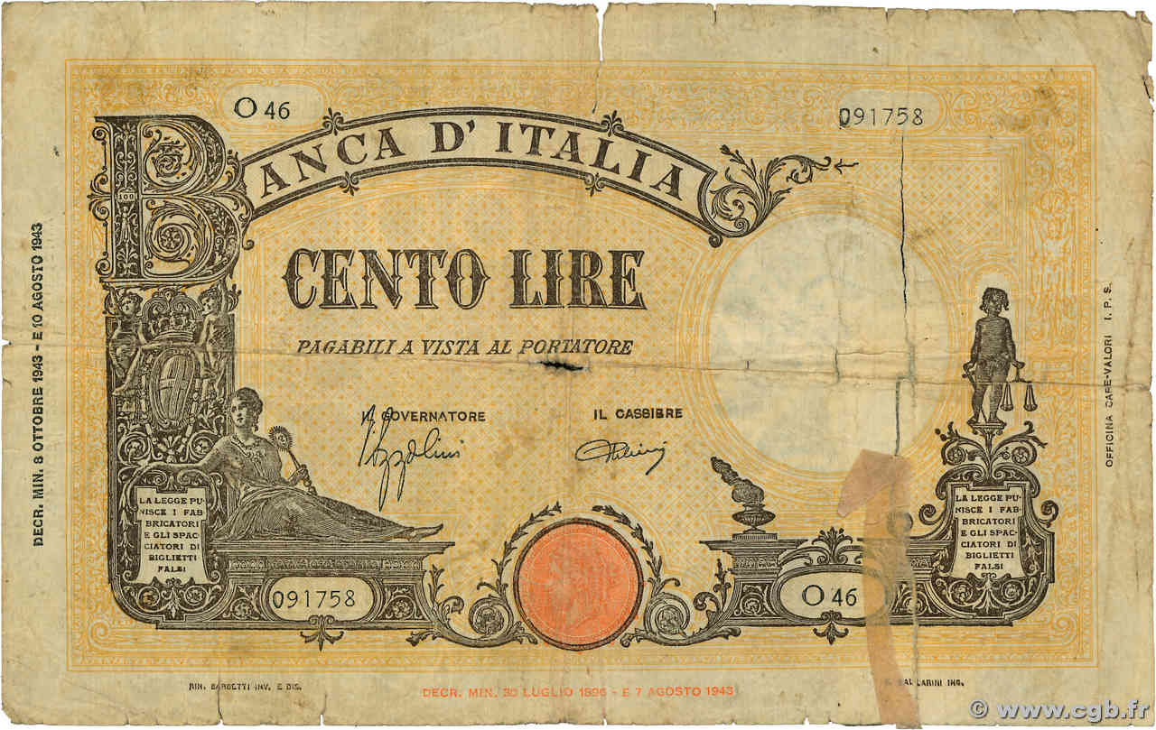 100 Lire ITALIE  1943 p.067 B