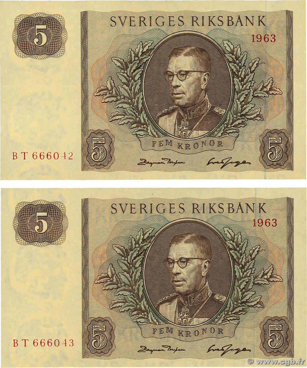 5 Kronor Lot SUÈDE  1963 P.50b NEUF