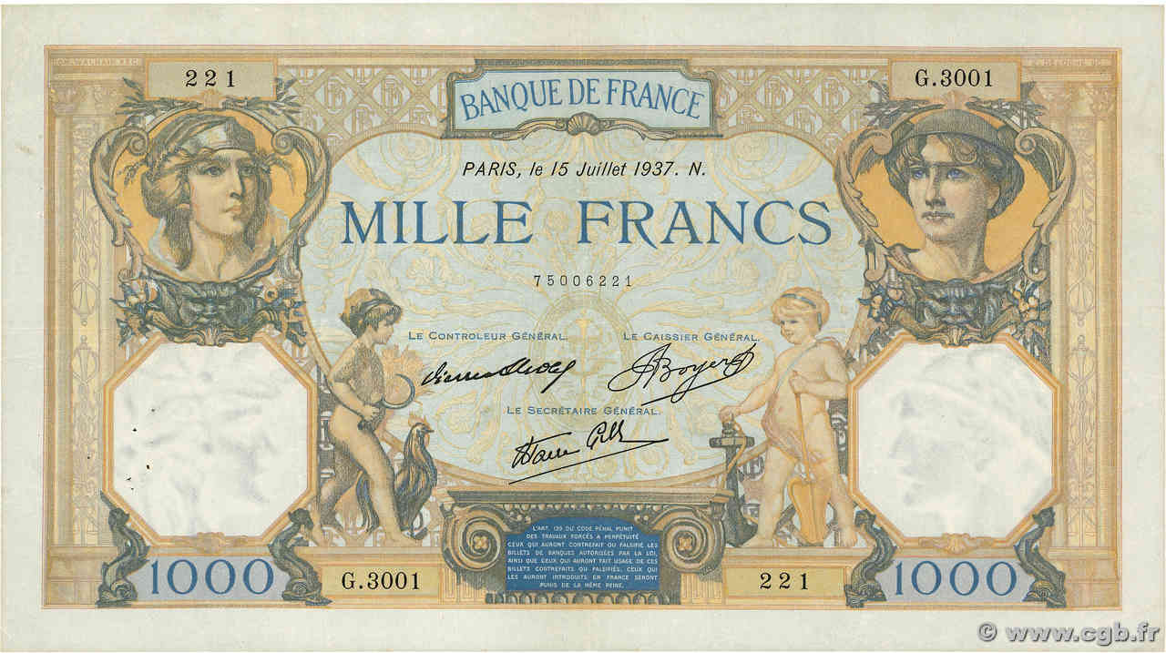 1000 Francs CÉRÈS ET MERCURE type modifié FRANCE  1937 F.38.02 pr.TTB