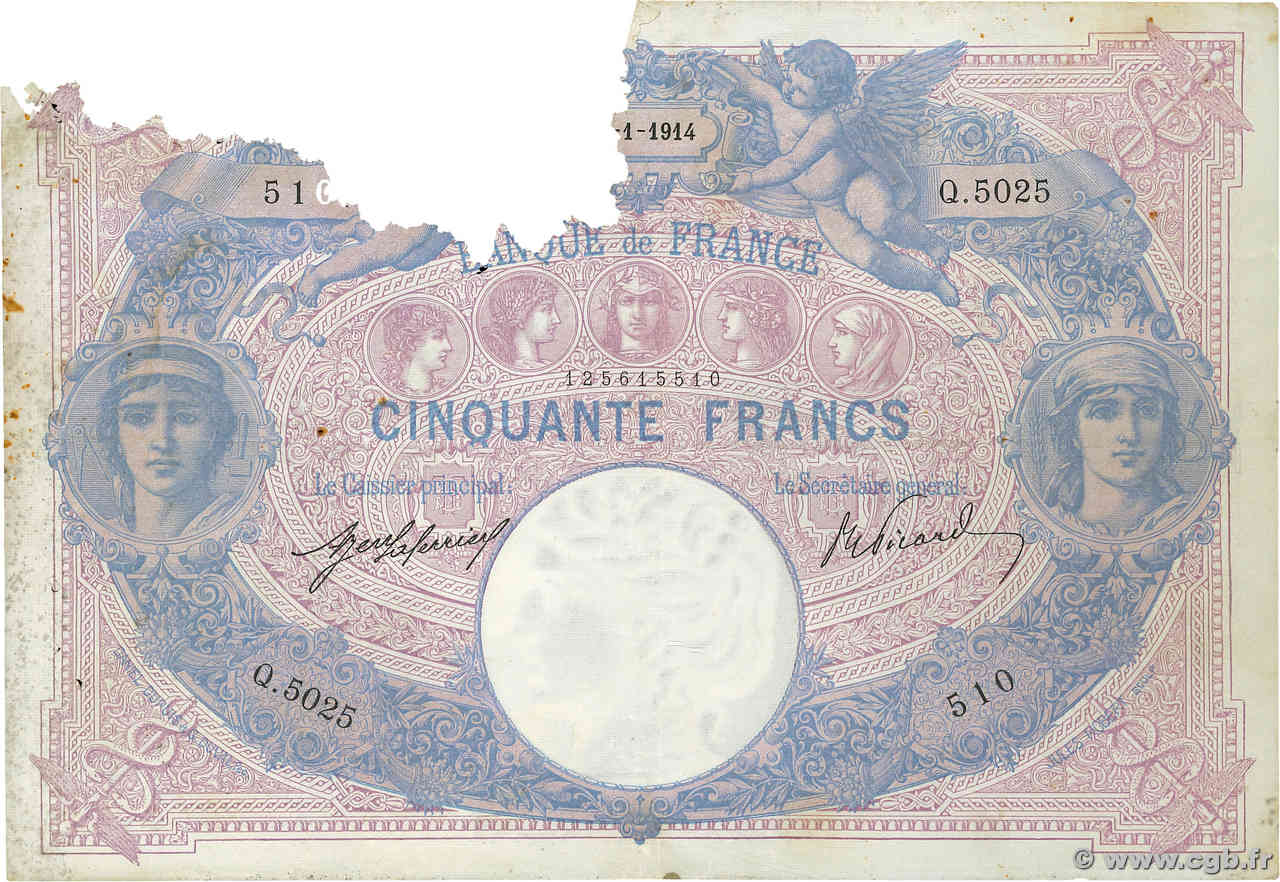 50 Francs BLEU ET ROSE FRANCE  1914 F.14.27 TB