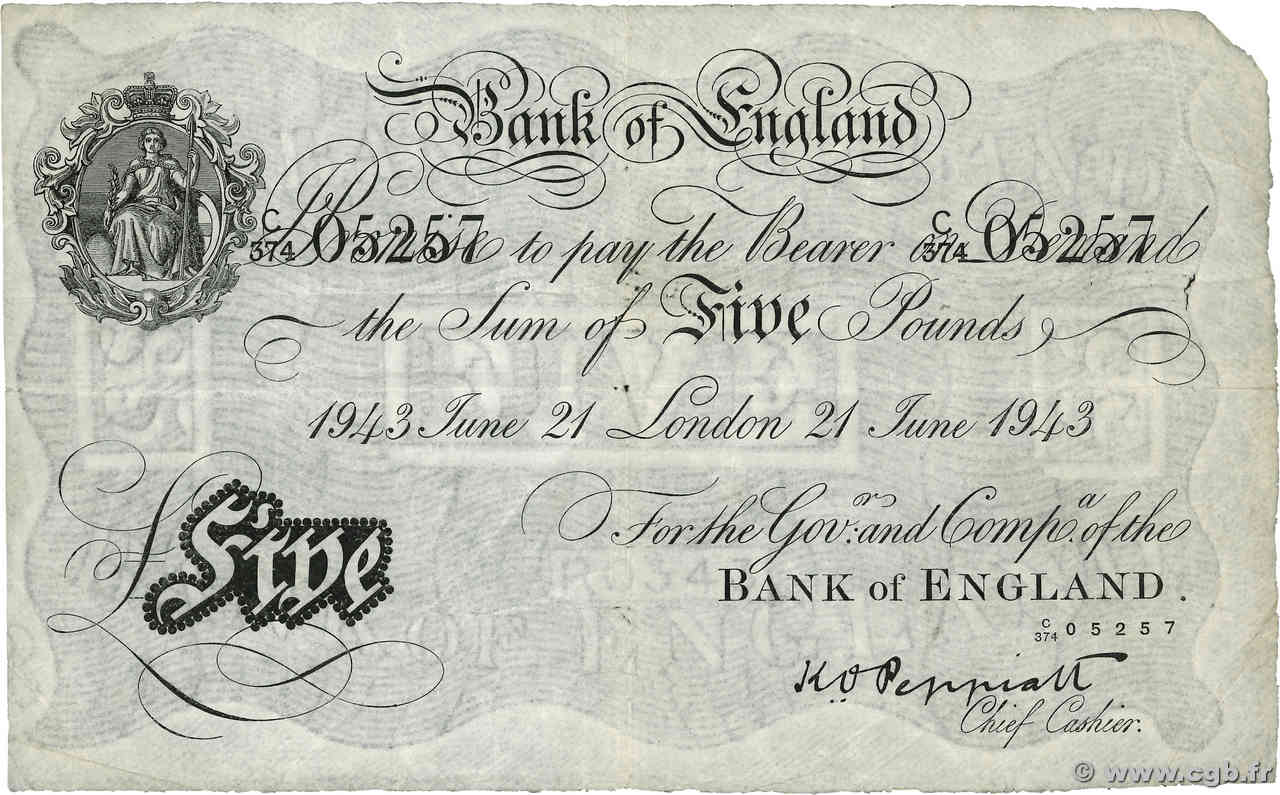 5 Pounds ENGLAND  1943 P.335 F
