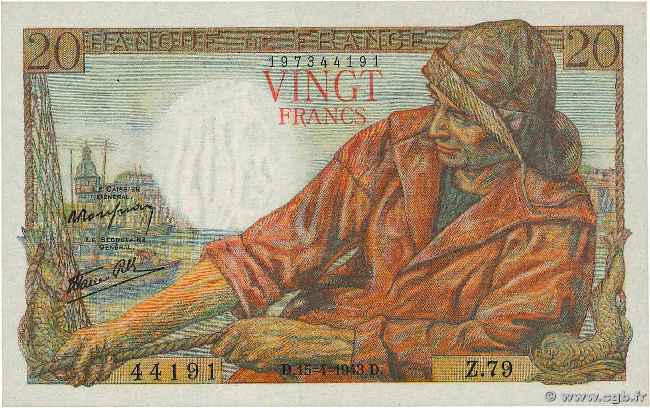 20 Francs PÊCHEUR FRANCE  1943 F.13.06 pr.SPL