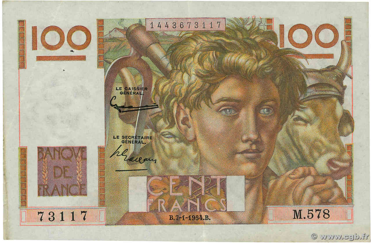 100 Francs JEUNE PAYSAN FRANCE  1954 F.28.41 TTB