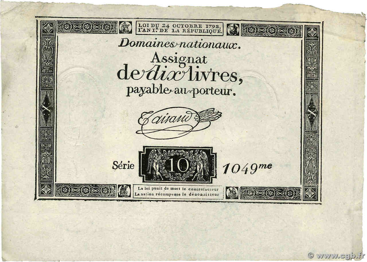 10 Livres filigrane royal FRANCE  1792 Ass.36a SUP