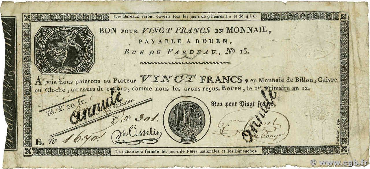 20 Francs Annulé FRANCE Rouen 1801 PS.245b TB