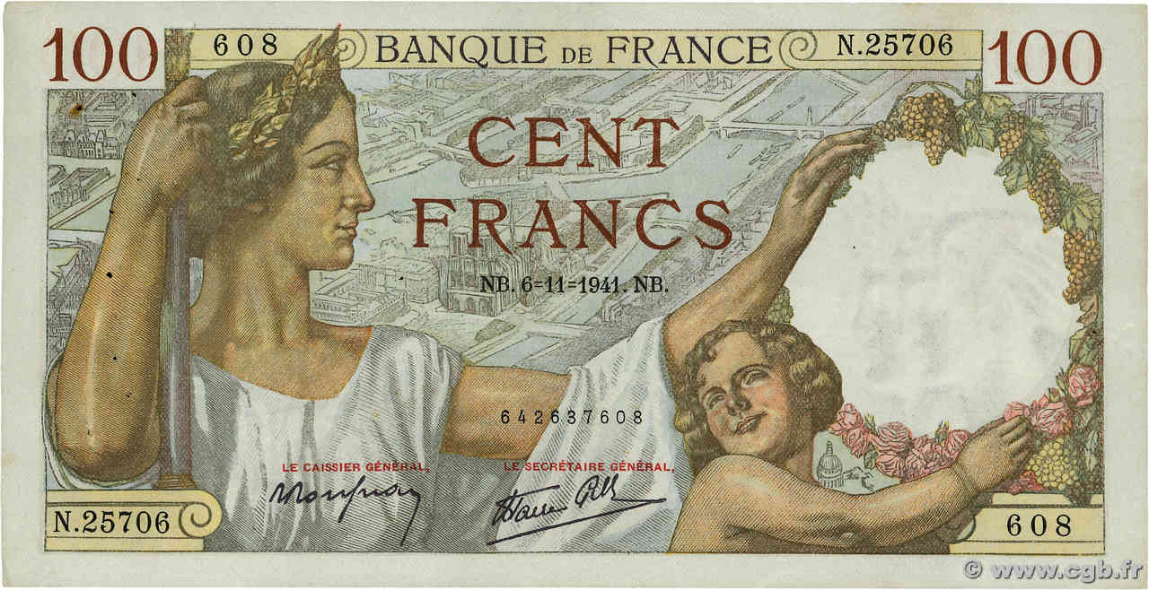 100 Francs SULLY FRANCE  1941 F.26.60 TTB+