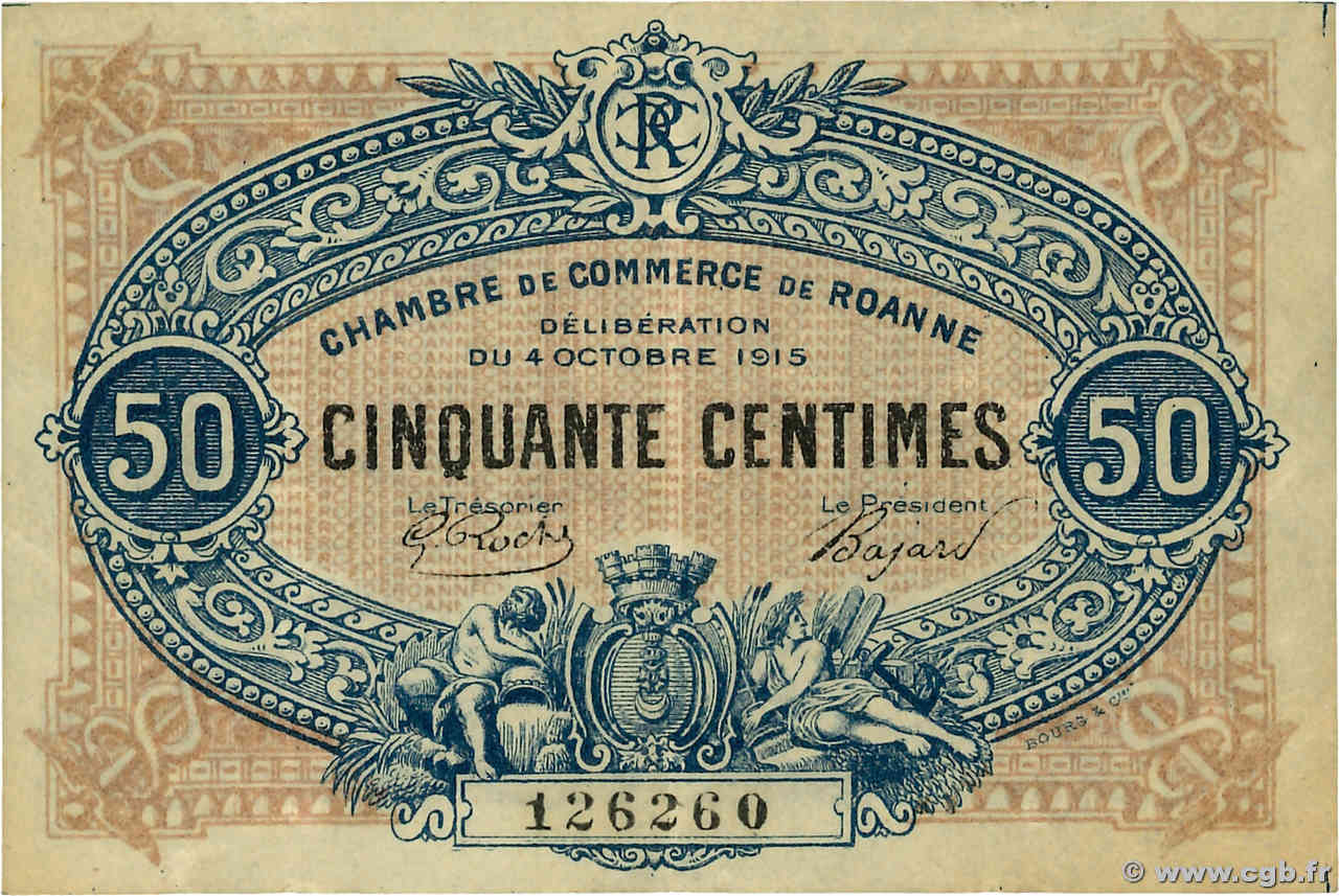 50 Centimes FRANCE Regionalismus und verschiedenen Roanne 1915 JP.106.05 SS