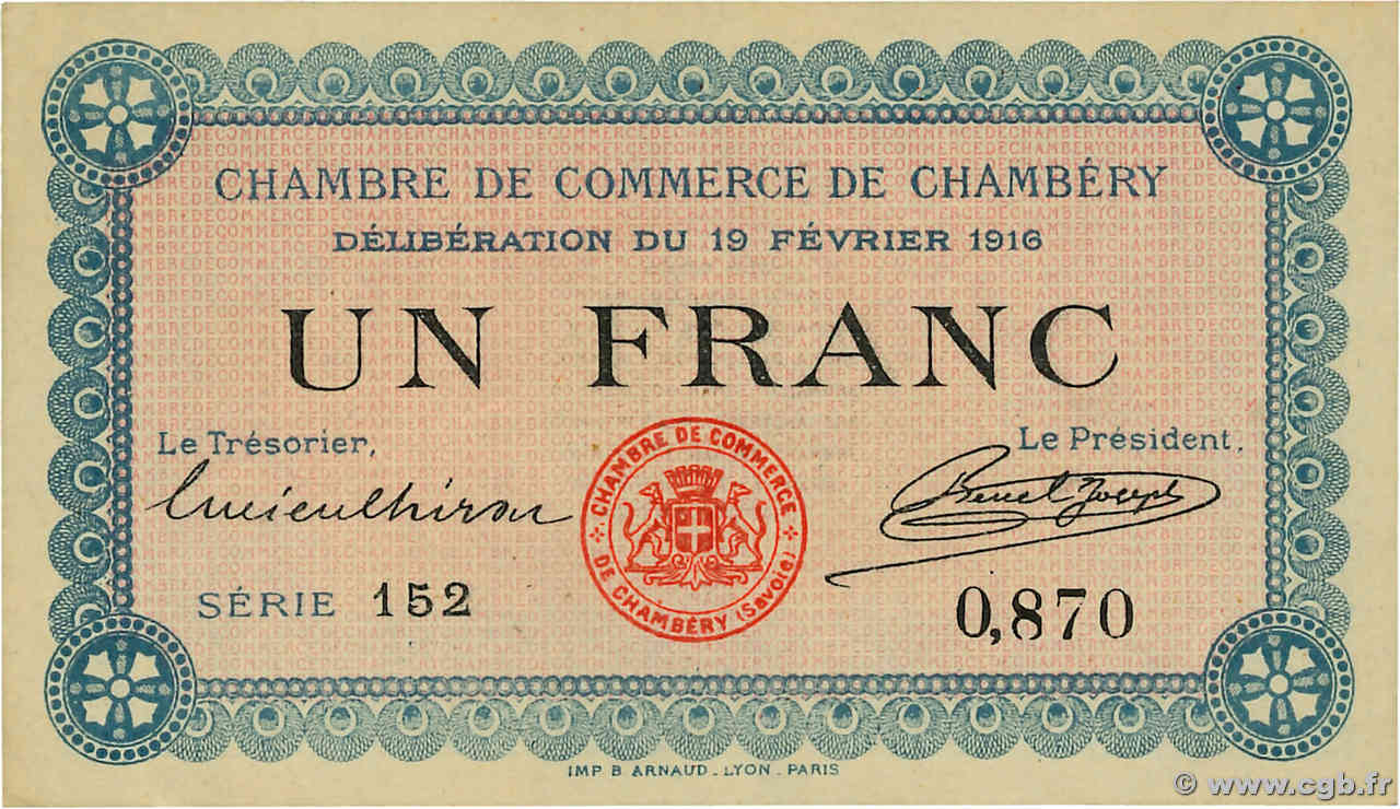 1 Franc FRANCE régionalisme et divers Chambéry 1916 JP.044.05 SUP