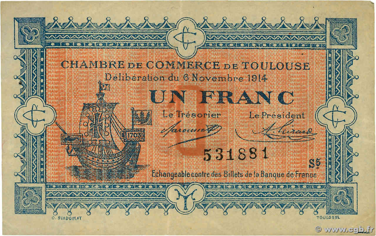 1 Franc FRANCE régionalisme et divers Toulouse 1914 JP.122.14 TTB