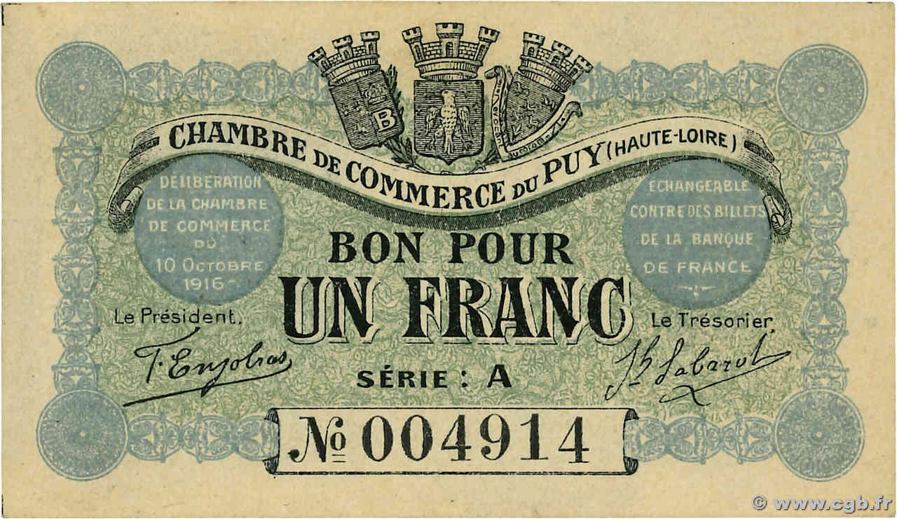 1 Franc FRANCE régionalisme et divers Le Puy 1916 JP.070.03 SUP