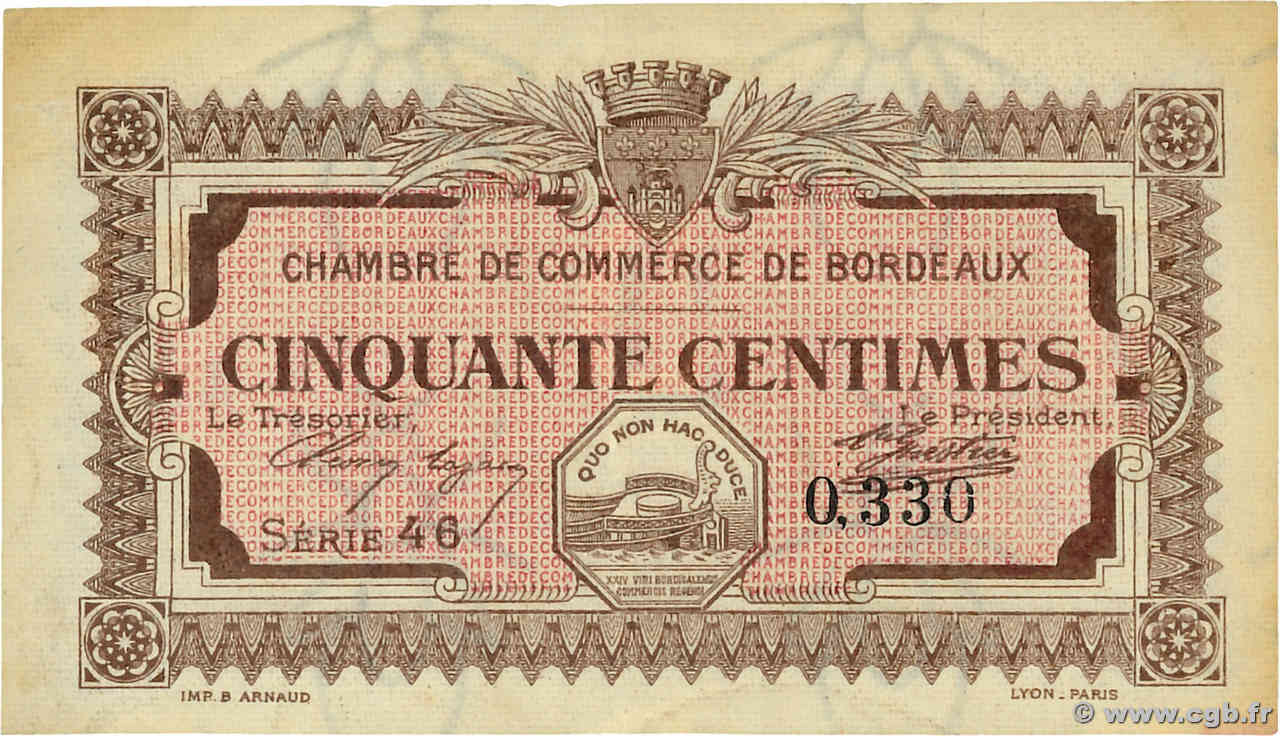 50 Centimes FRANCE regionalismo y varios Bordeaux 1917 JP.030.11 EBC