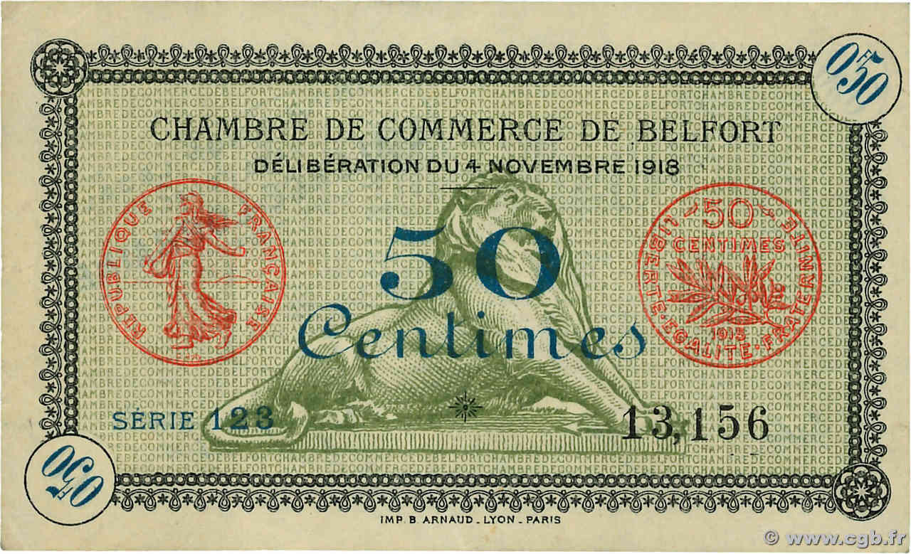 50 Centimes FRANCE régionalisme et divers Belfort 1918 JP.023.41 SUP