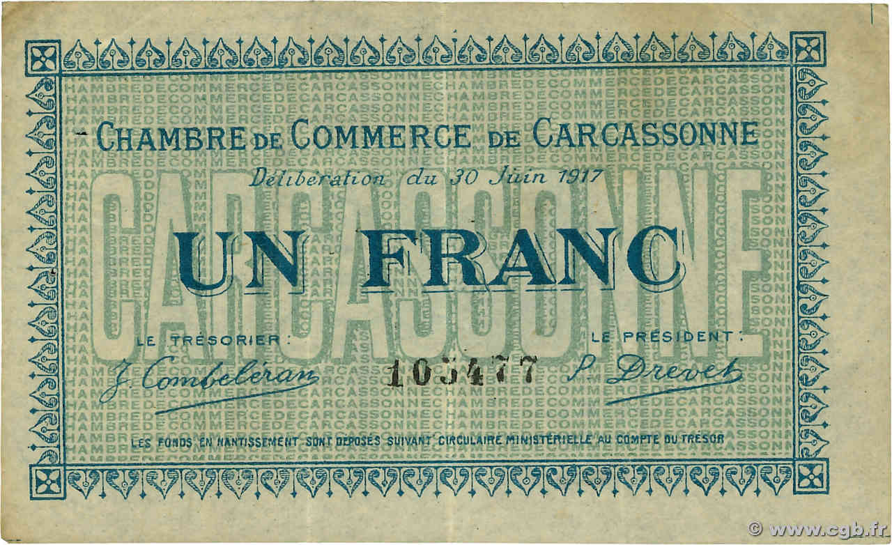 1 Franc FRANCE régionalisme et divers Carcassonne 1917 JP.038.13 TB+