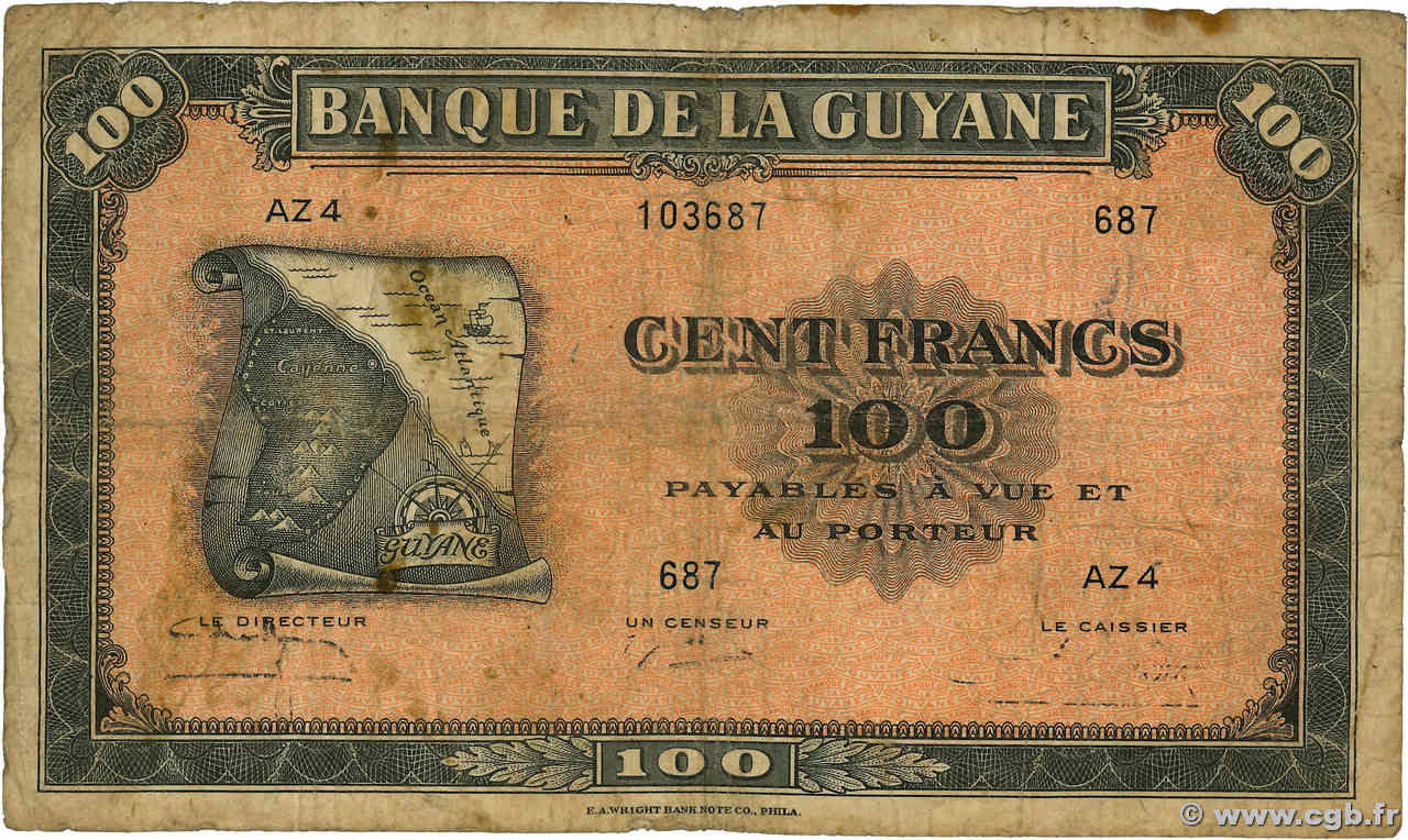 100 Francs FRENCH GUIANA  1942 P.13a RC