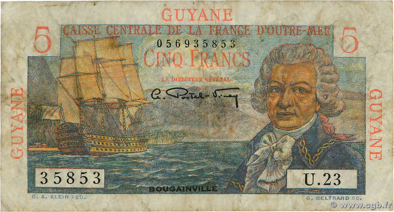 5 Francs Bougainville GUYANE  1946 P.19a B+